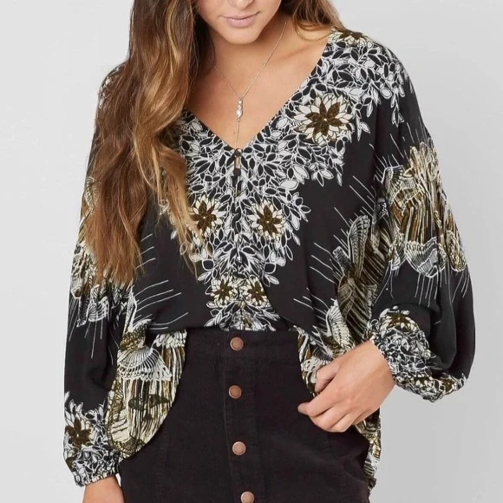 Free People - Birds Of A Feather Black Floral Button Down Boho Blouse Size XS